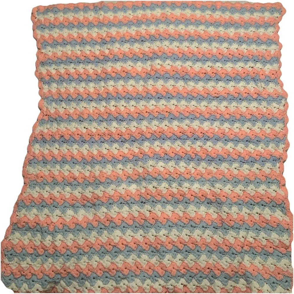 Handmade Crochet  Blanket Throw Pink Blue Baby Colors 50x48 ‎ Afghan